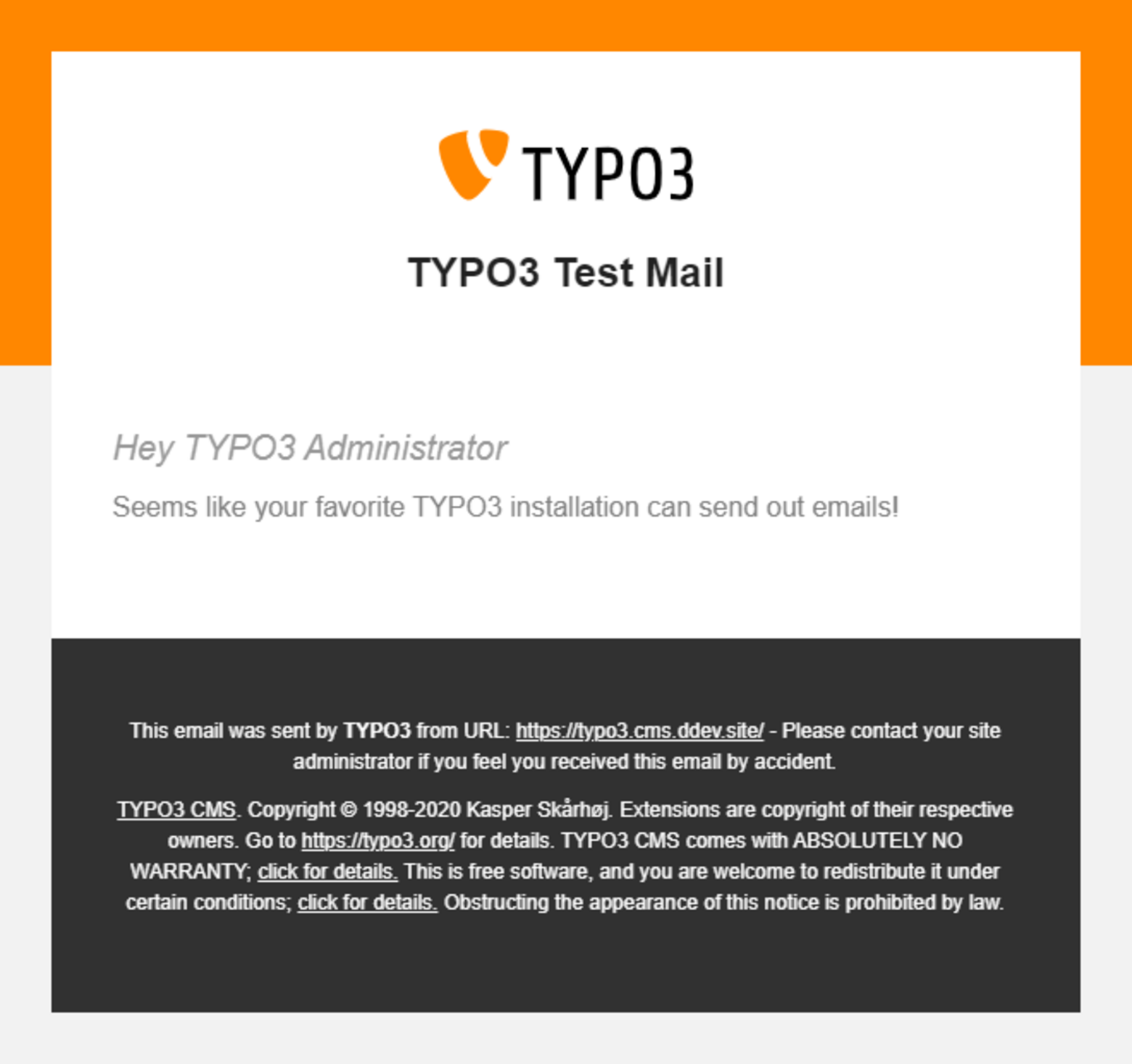 Eine Testmail in Typo3 vor den klassischen Typo3-Farben orange, schwarz und weiß.