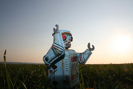 Ein rostiger blauer Roboter steht auf einem Feld.