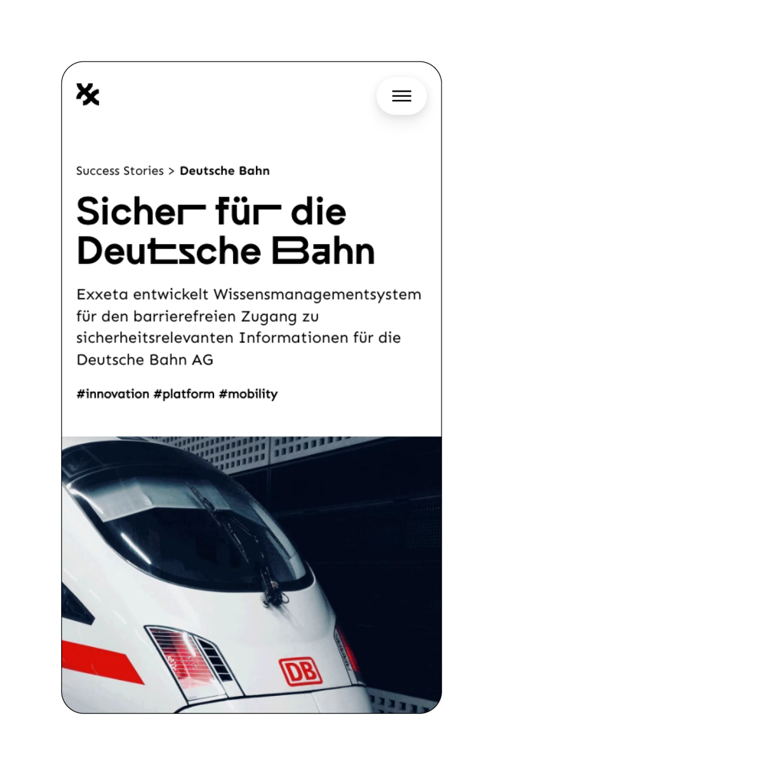 Ausschnitt der Website von Exxeta, mit Blick auf ihren Case zur DB, im mobilen Format.