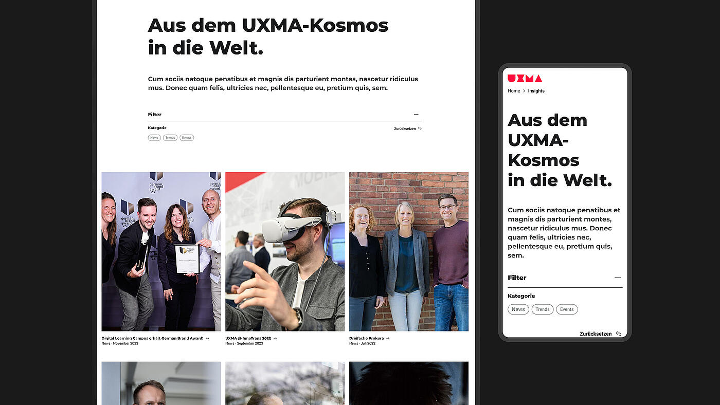 UXMA Website Darstellung verschiedener Seitentypen und Bildschirmgrößen